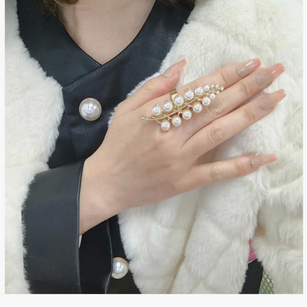 Gold Long Shell Pearl Leaf Adjustable Ring - image 6